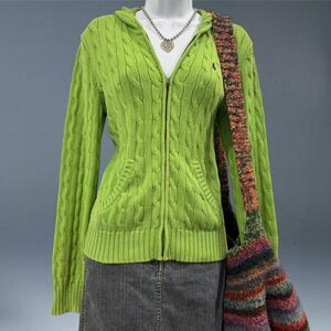 y2k green cable knit zip up hoodie sweater jacket ralph lauren sport L preppy
